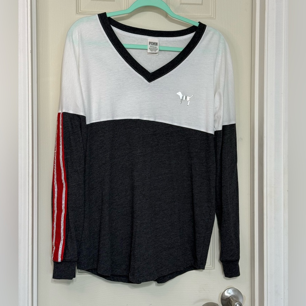 PINK Victoria's Secret Bling Varsity Tee Oversized Small Long Sleeve V-Neck Top